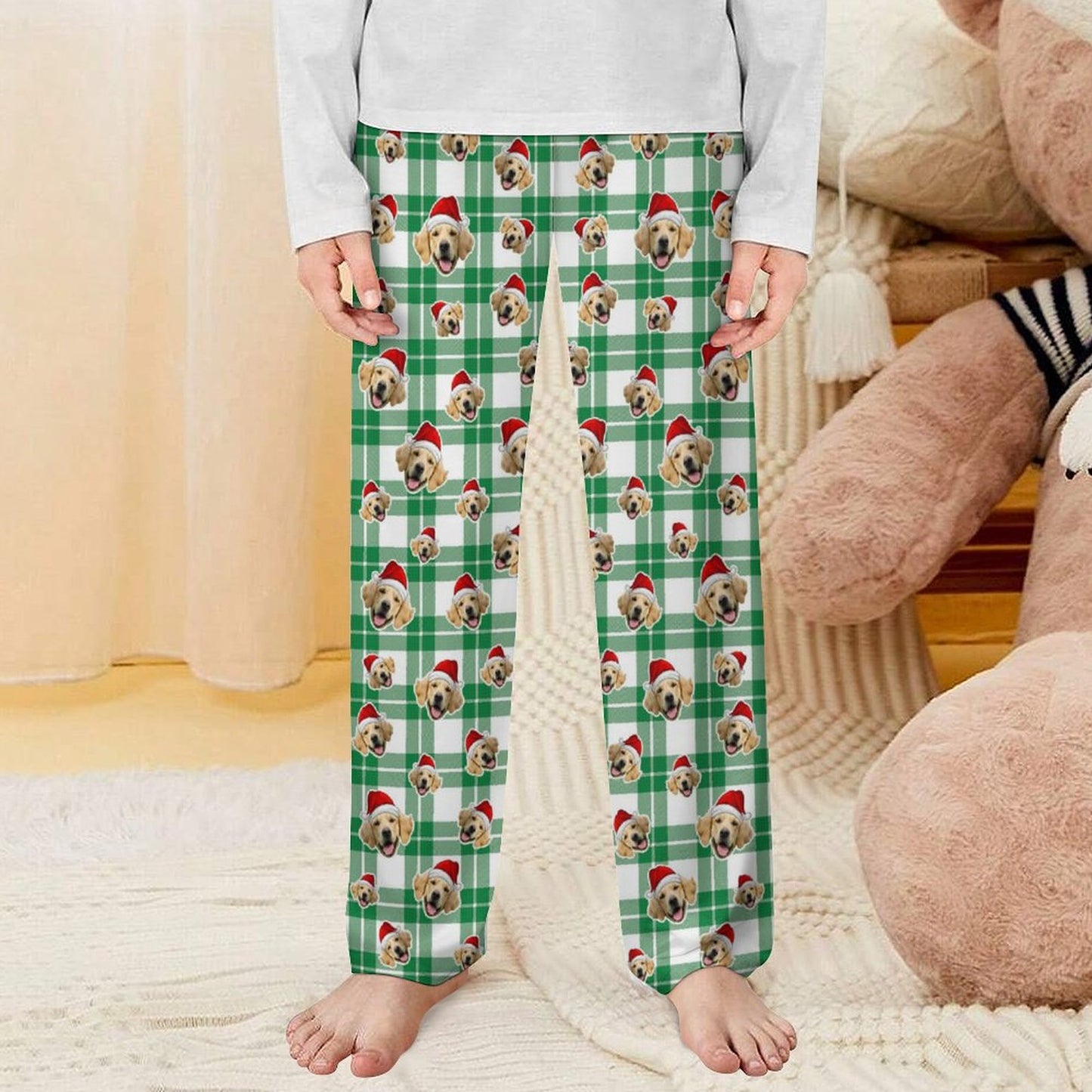 Custom Pet Face Plaid Santa Pants for Kids-Green Front2-WEPRINTME