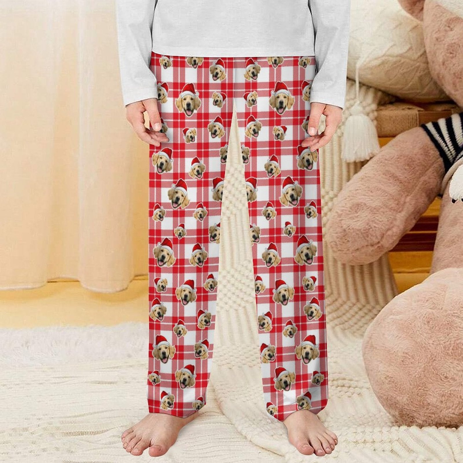 Custom Pet Face Plaid Santa Pants for Kids-Red Front2-WEPRINTME