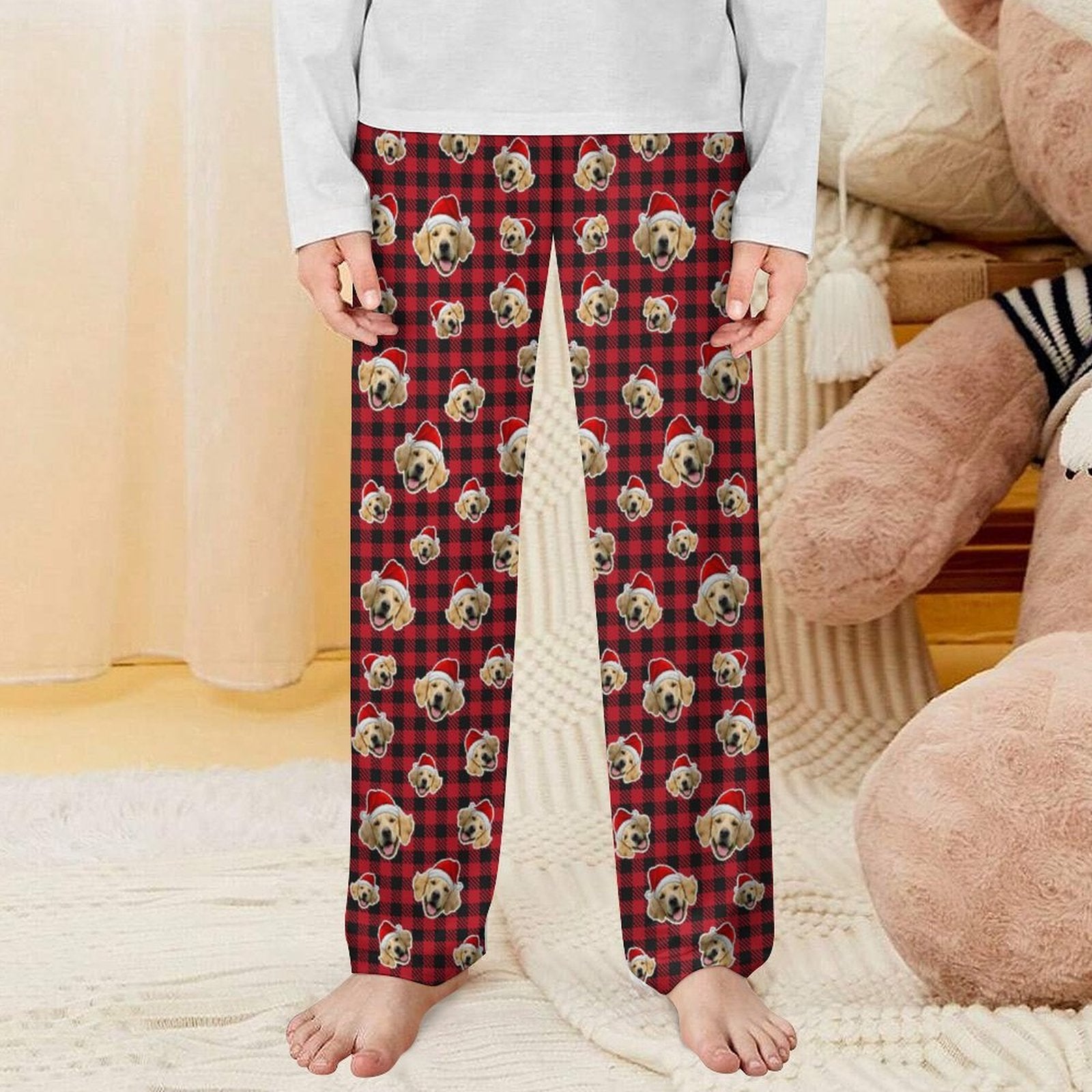 Custom Pet Face Red Plaid Santa Pants for Kids-Red Front-WEPRINTME