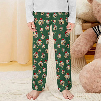 Custom Pet Face Green Stars Santa Pants for Kids-Front-WEPRINTME