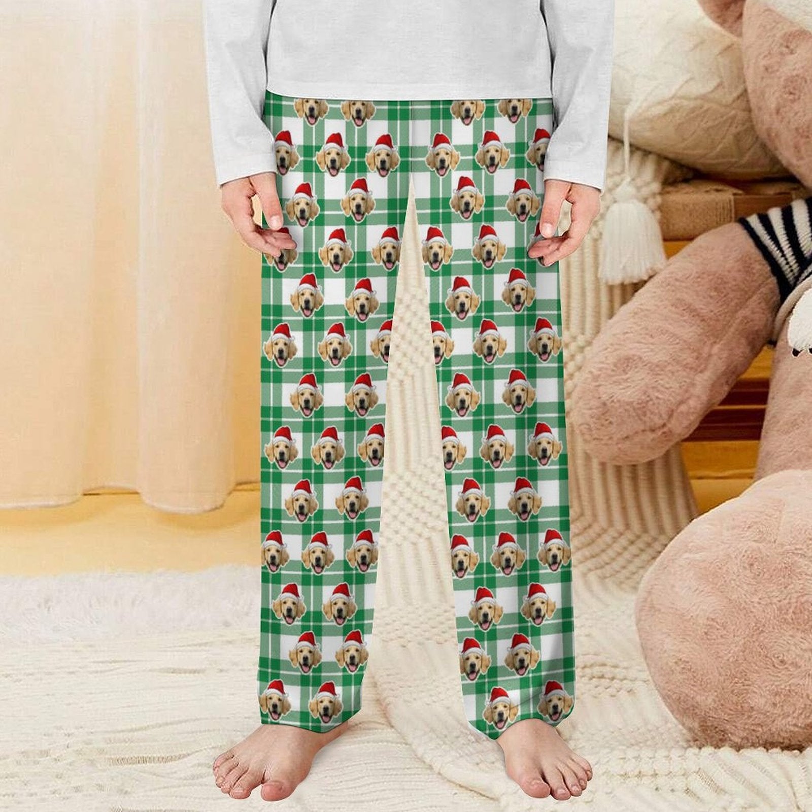 Custom Pet Face Plaid Santa Pants for Kids-Green Front1-WEPRINTME