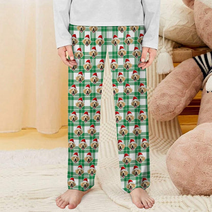 Custom Pet Face Plaid Santa Pants for Kids-Green Front1-WEPRINTME