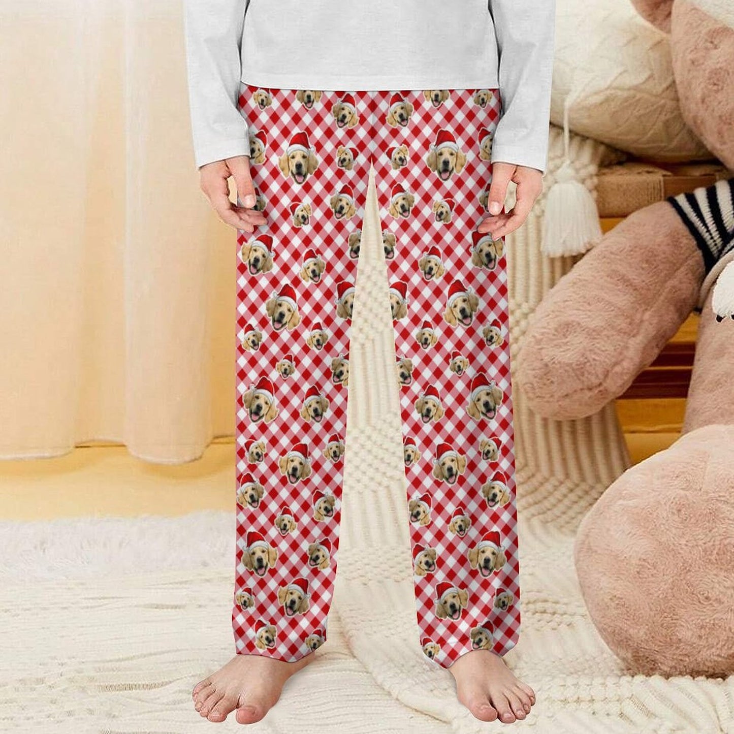 Custom Pet Face Red Plaid Xmas Pants for Kids-Front1-WEPRINTME