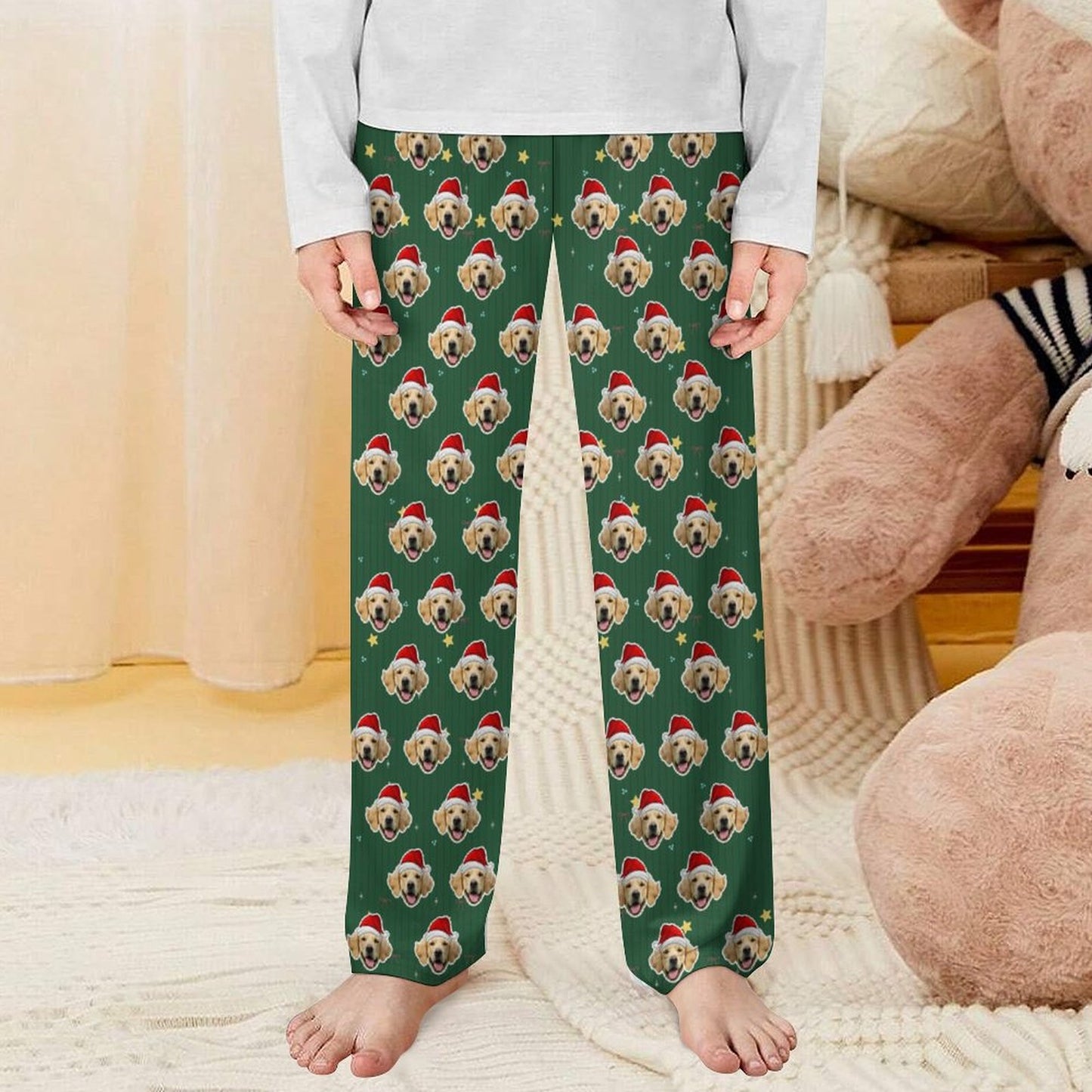 Custom Pet Face Green Stars Santa Pants for Kids-Front4-WEPRINTME