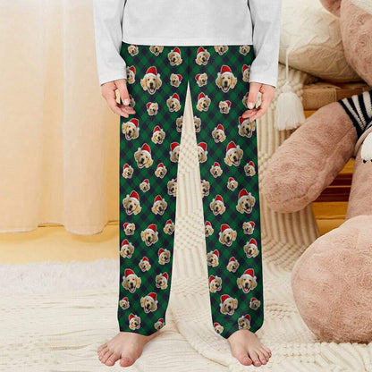 Custom Pet Face Red Plaid Santa Pants for Kids-Green Front-WEPRINTME