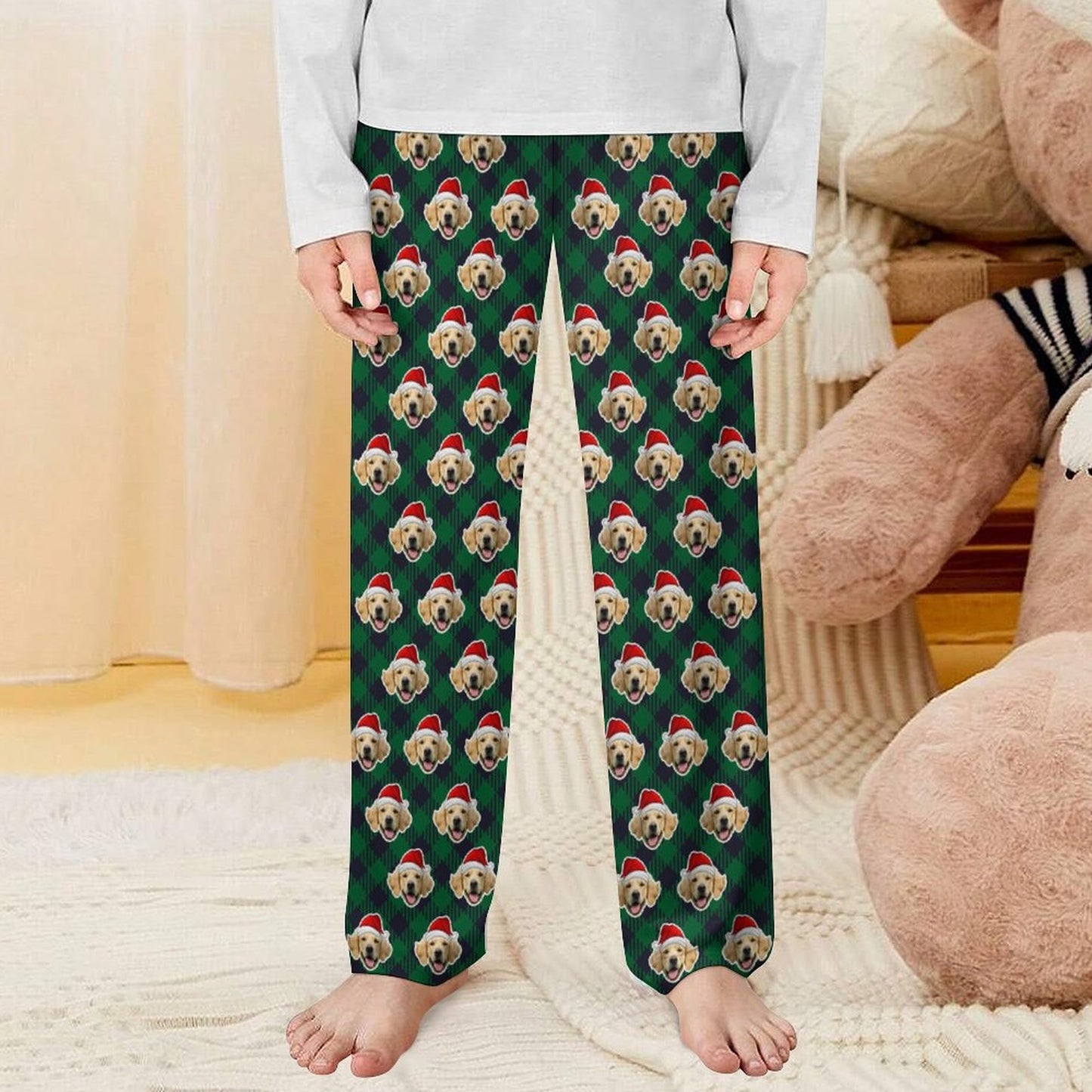 Custom Pet Face Red Plaid Santa Pants for Kids-Green Front2-WEPRINTME