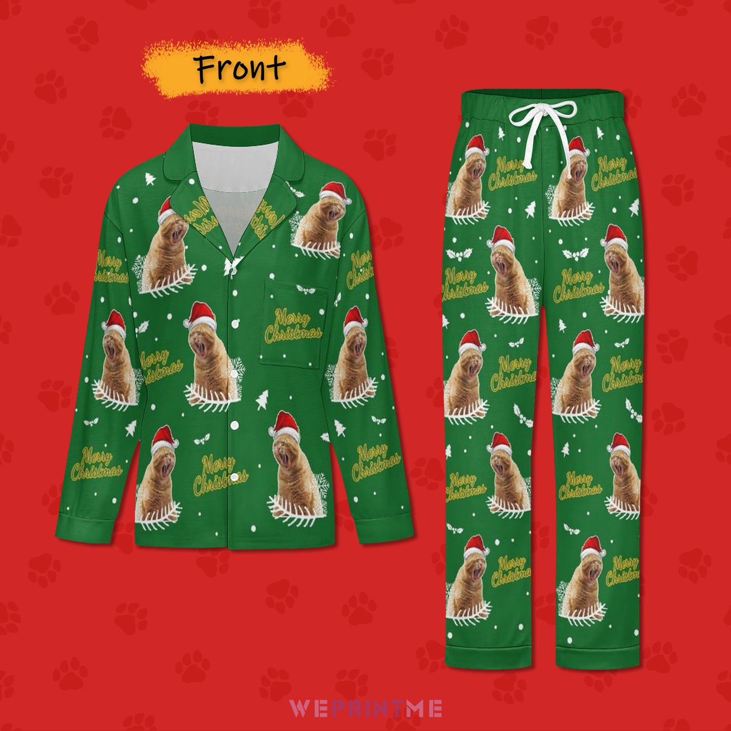 Custom Pet Face Merry Christmas Matching Pajamas-Green Front-WEPRINTME