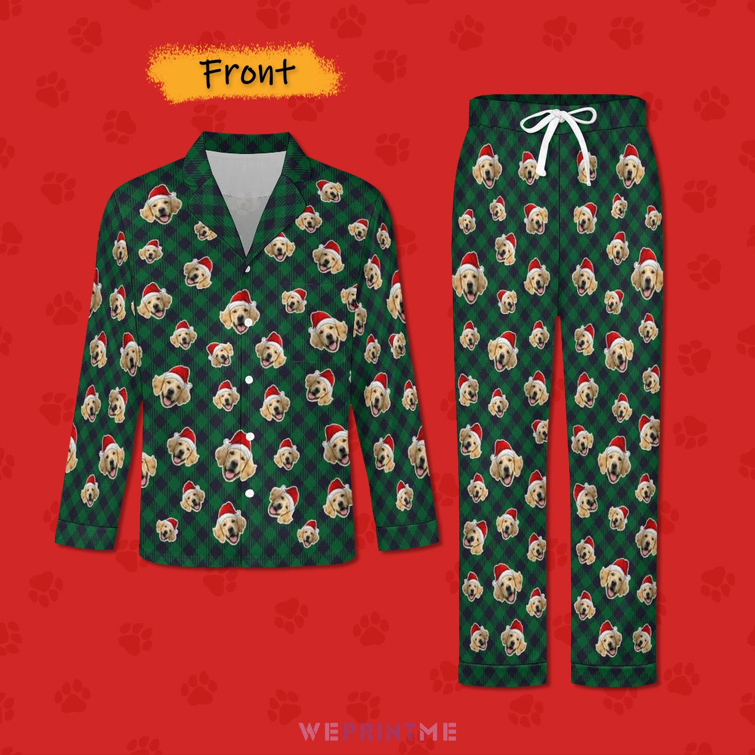 Custom Pet Face Christmas Couple Matching Pajamas-Front 3-WEPRINTME