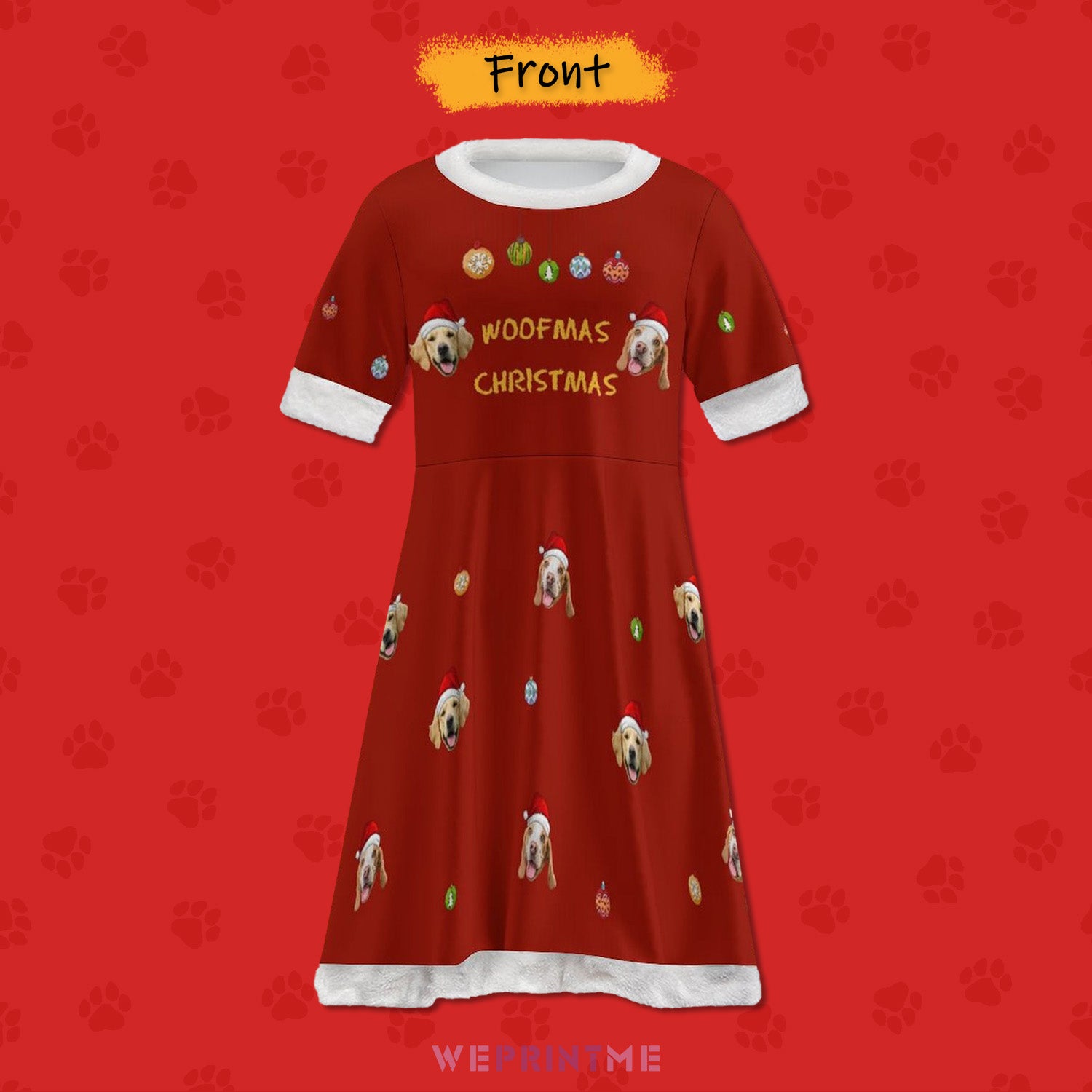 Custom Pet Face Woofmas Girls Christmas Dress-Front-WEPRINTME