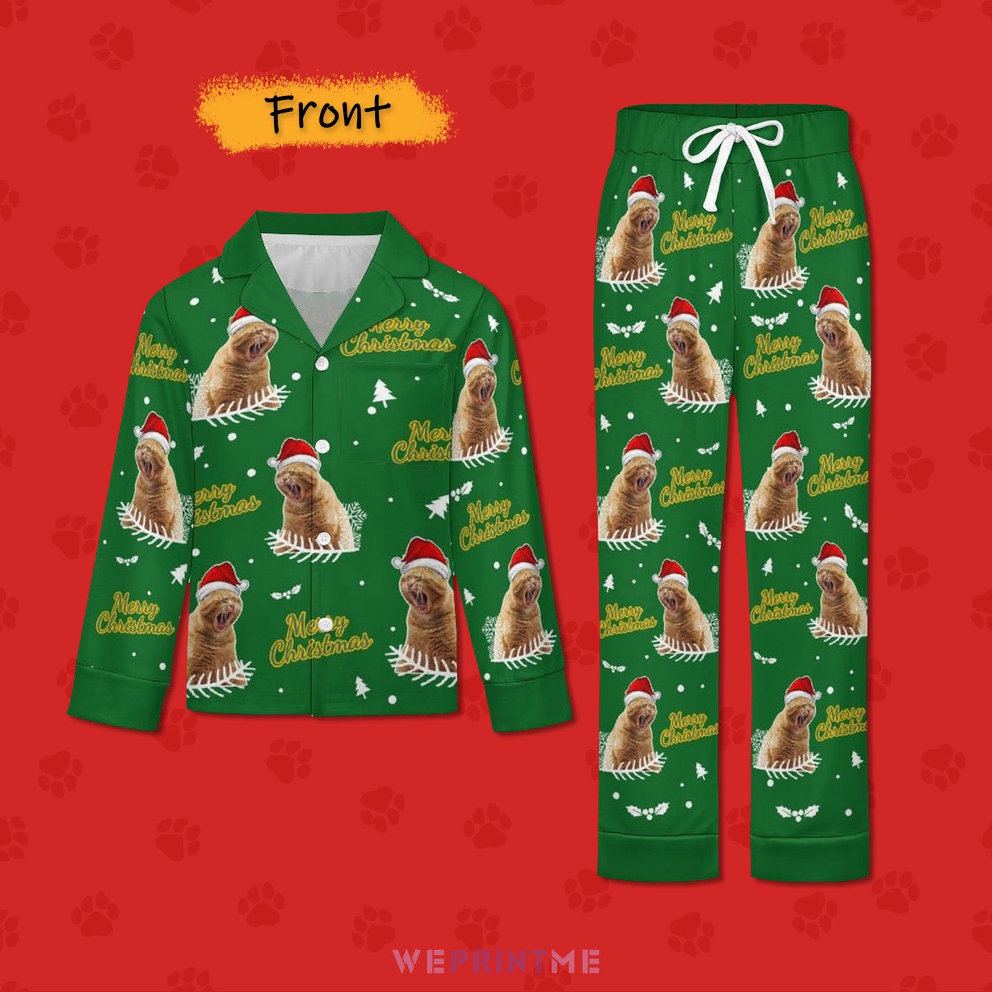 Custom Pet Merry Christmas Kids Christmas Pajamas-Green Front-WEPRINTME