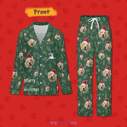 Custom Pet Face Christmas Deer Women Long Pajamas-Front-WEPRINTME