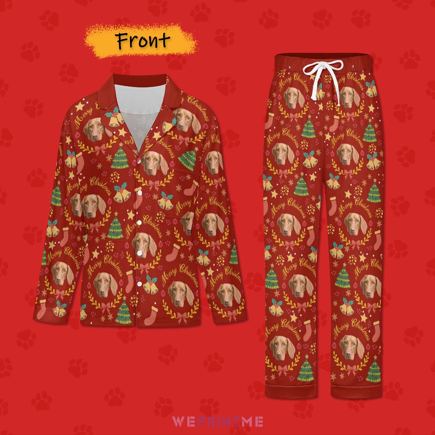 Custom Pet Face Wreath Christmas Matching Pajamas-Front Red-WEPRINTME