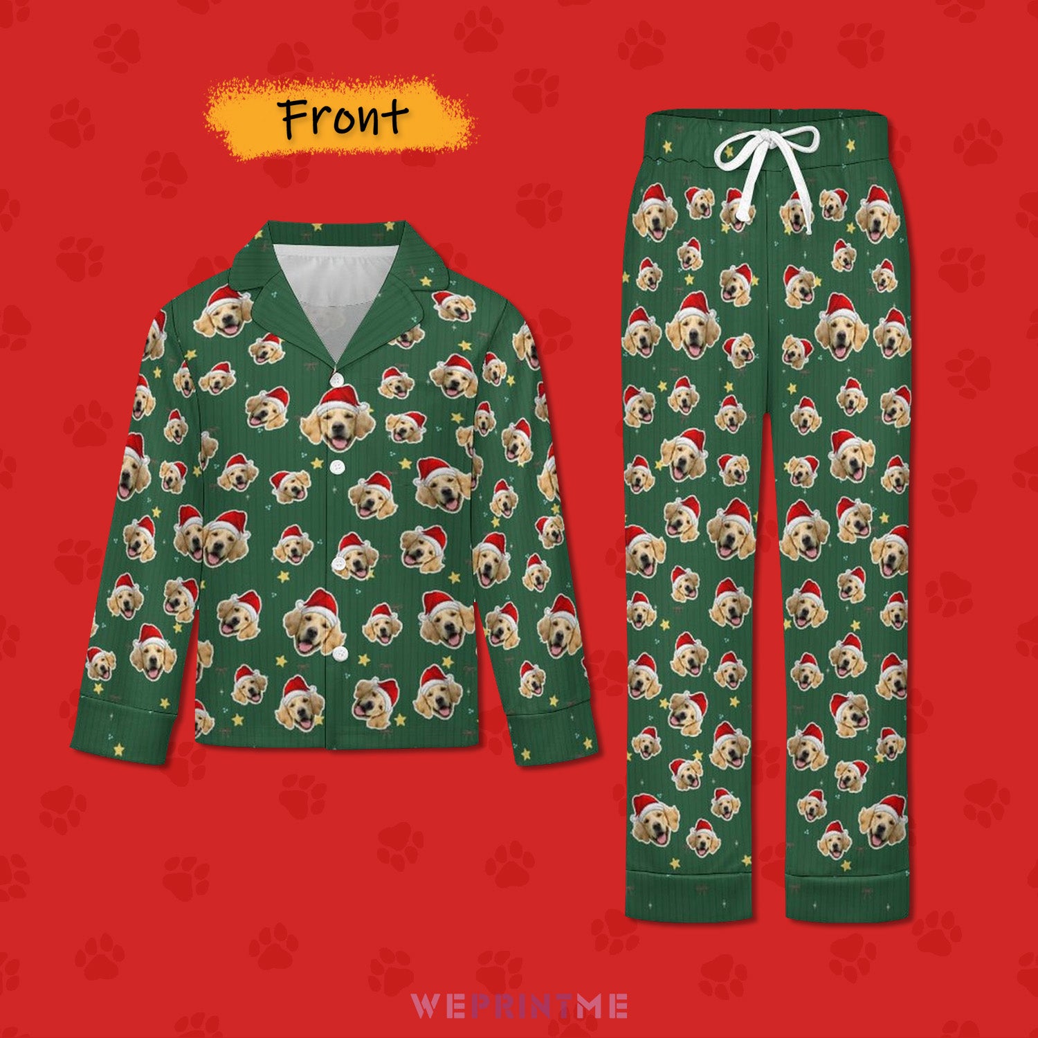 Custom Pet Face Everywhere Christmas Kids Pajamas-Green Stars-Front-WEPRINTME