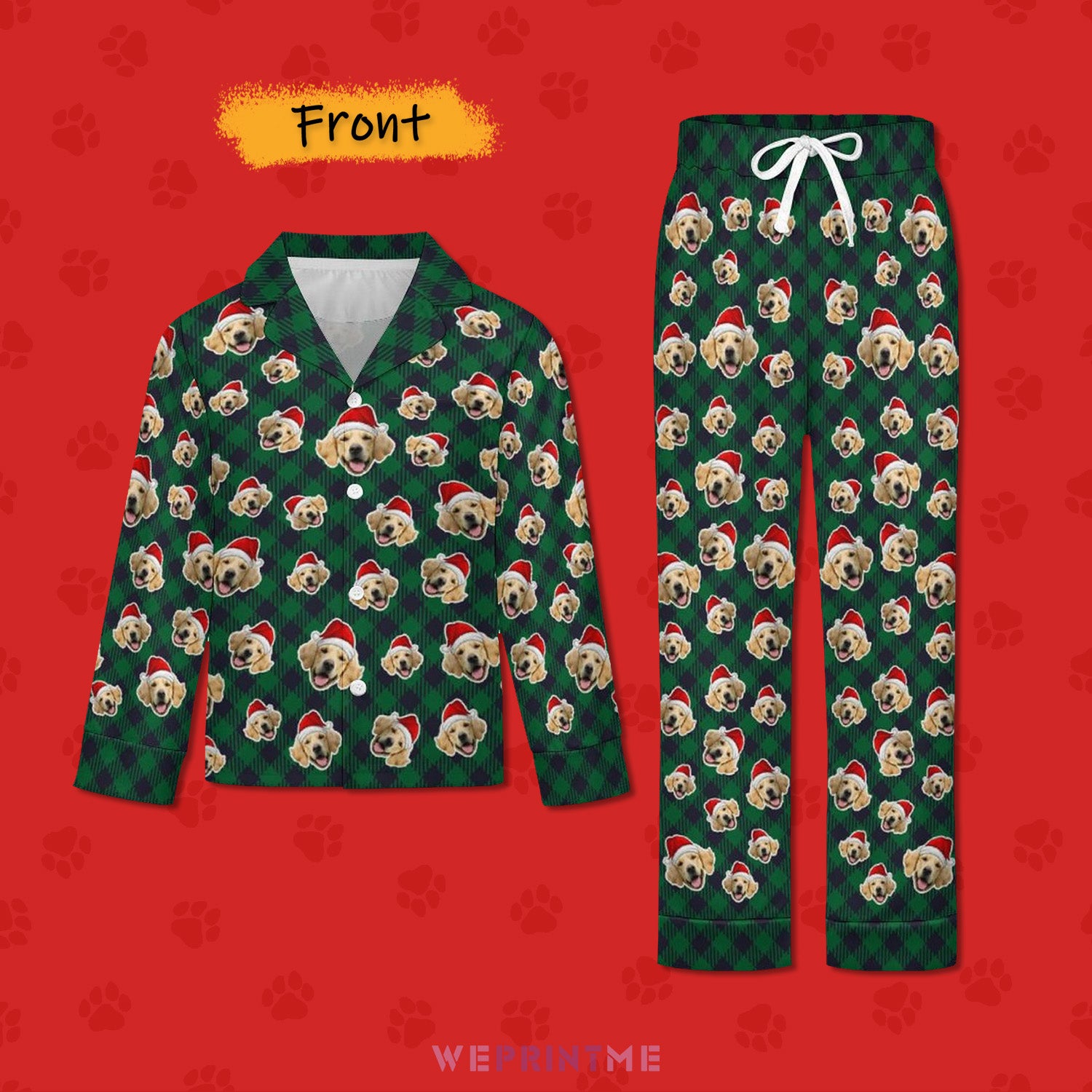 Custom Pet Face Everywhere Christmas Kids Pajamas-Green Plaid-Front-WEPRINTME