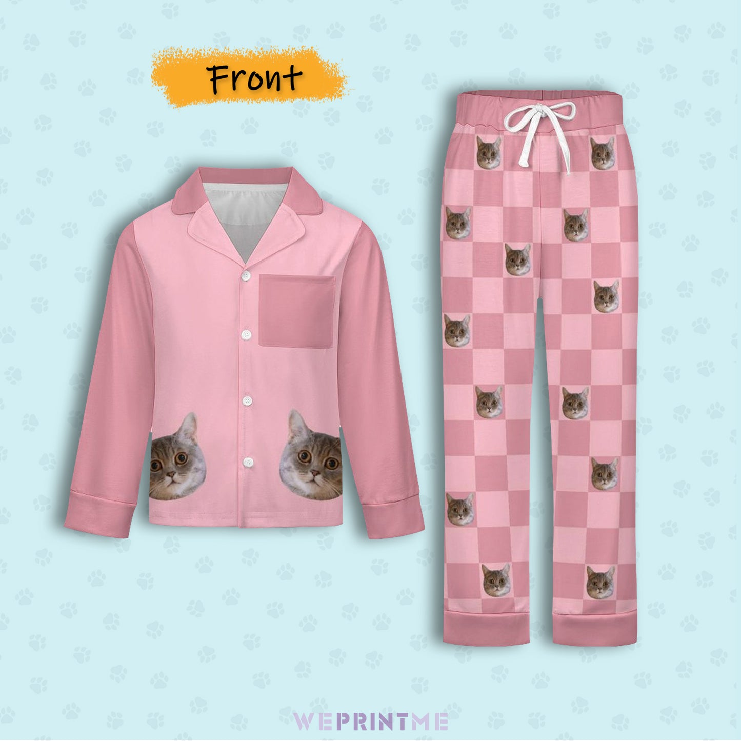 Custom Pet Face  Plaid Button-Down Kids Pajama Set