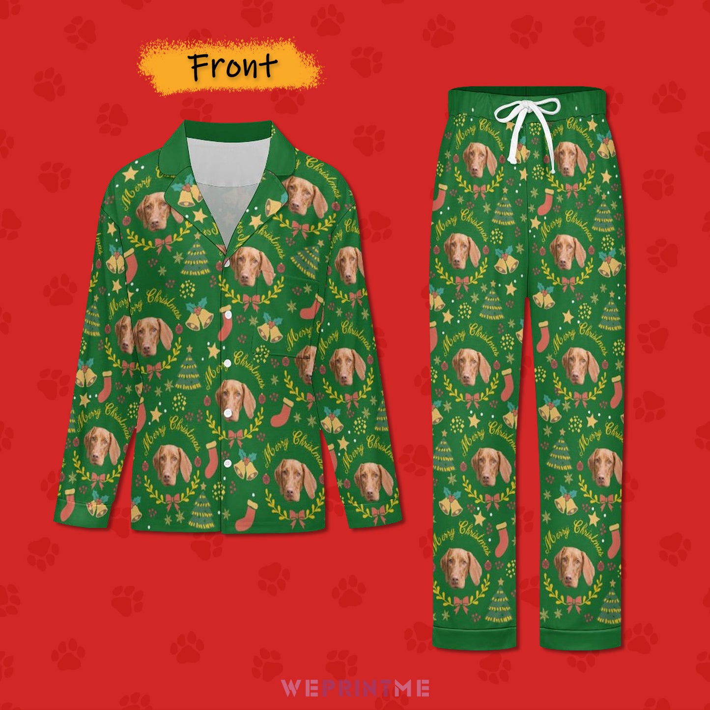 Custom Pet Face Wreath Christmas Matching Pajamas-Front Green-WEPRINTME