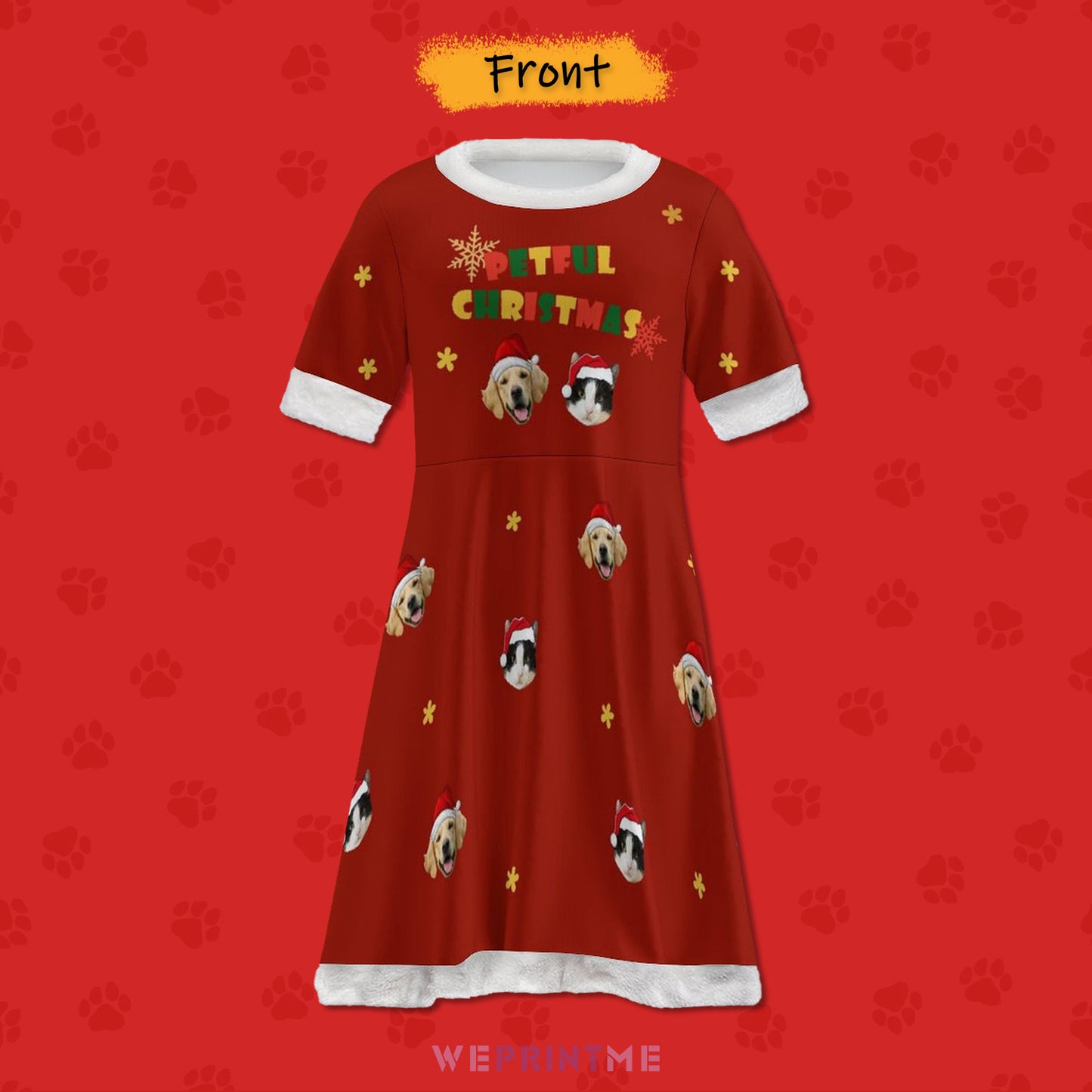 Custom Pet Face Petful Girls Christmas Dress-Front-WEPRINTME