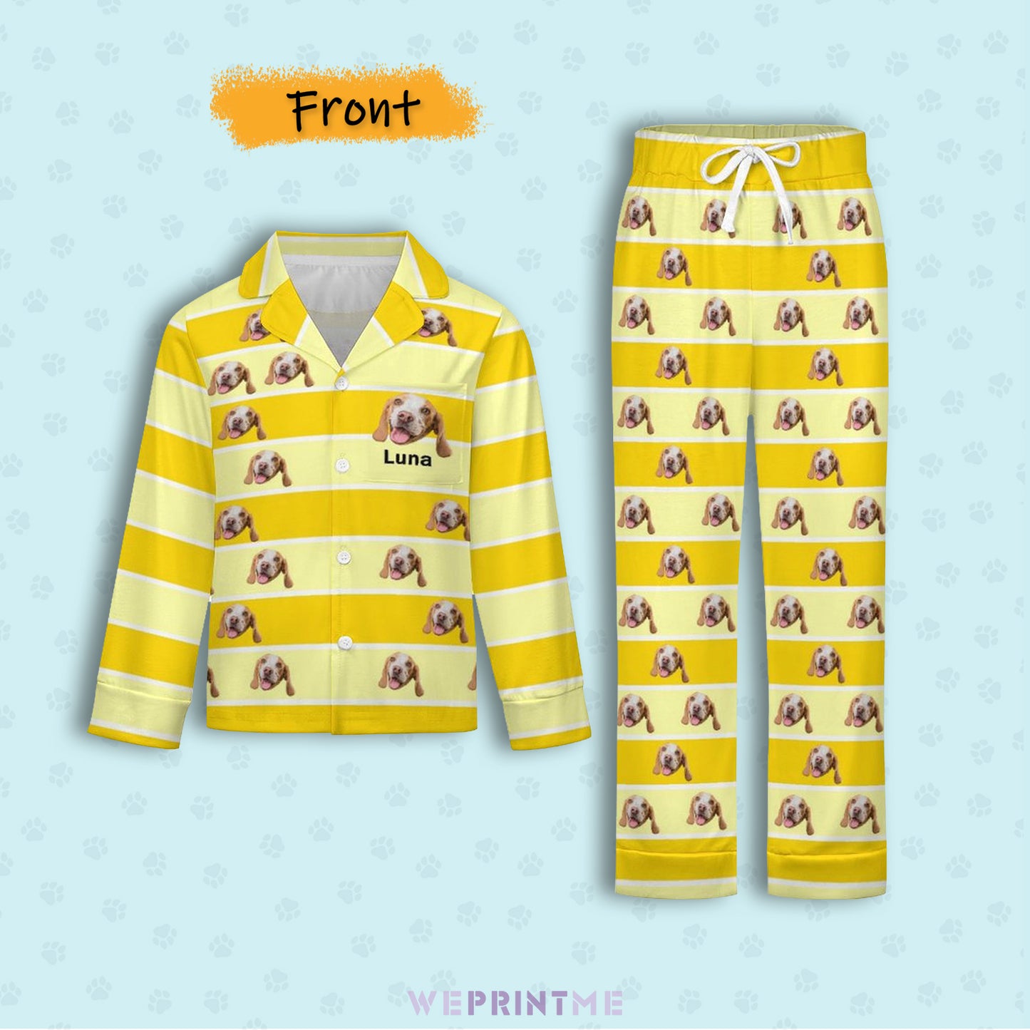 Custom Pet Face Stripe Button-Down Kids Pajama Set