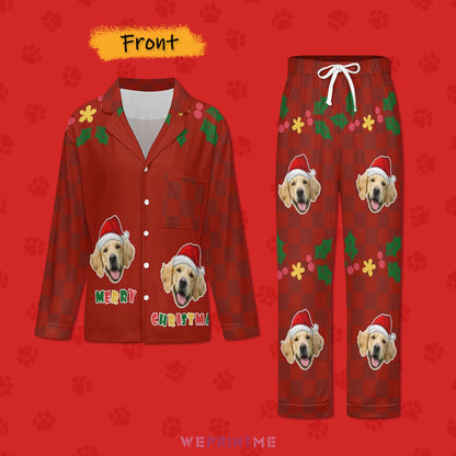 Custom Pet Face Merry Christmas Women Long Pajamas-Front-WEPRINTME