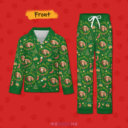 Custom Pet Face Wreath Kids Christmas Pajamas-Green Front-WEPRINTME