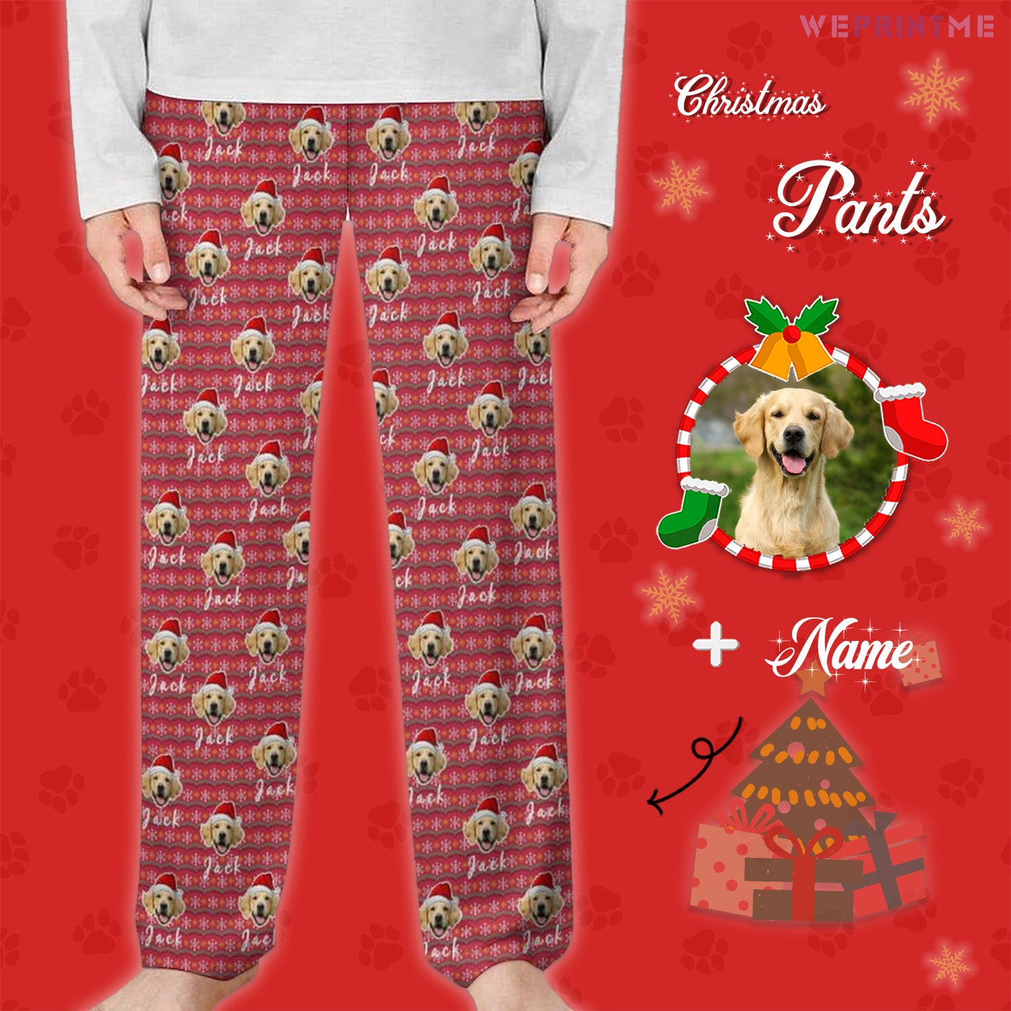 Custom Pet Face and Name Christmas Pants for Kids-Style4 M-WEPRINTME