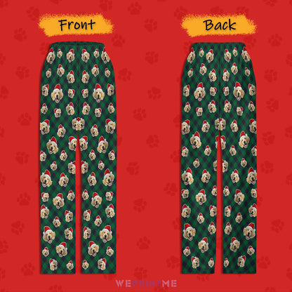 Custom Pet Face Red Plaid Santa Pants for Kids-Green Front and Back-WEPRINTME