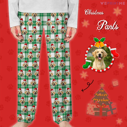 Custom Pet Face Plaid Santa Pants for Kids-Green Main1-WEPRINTME