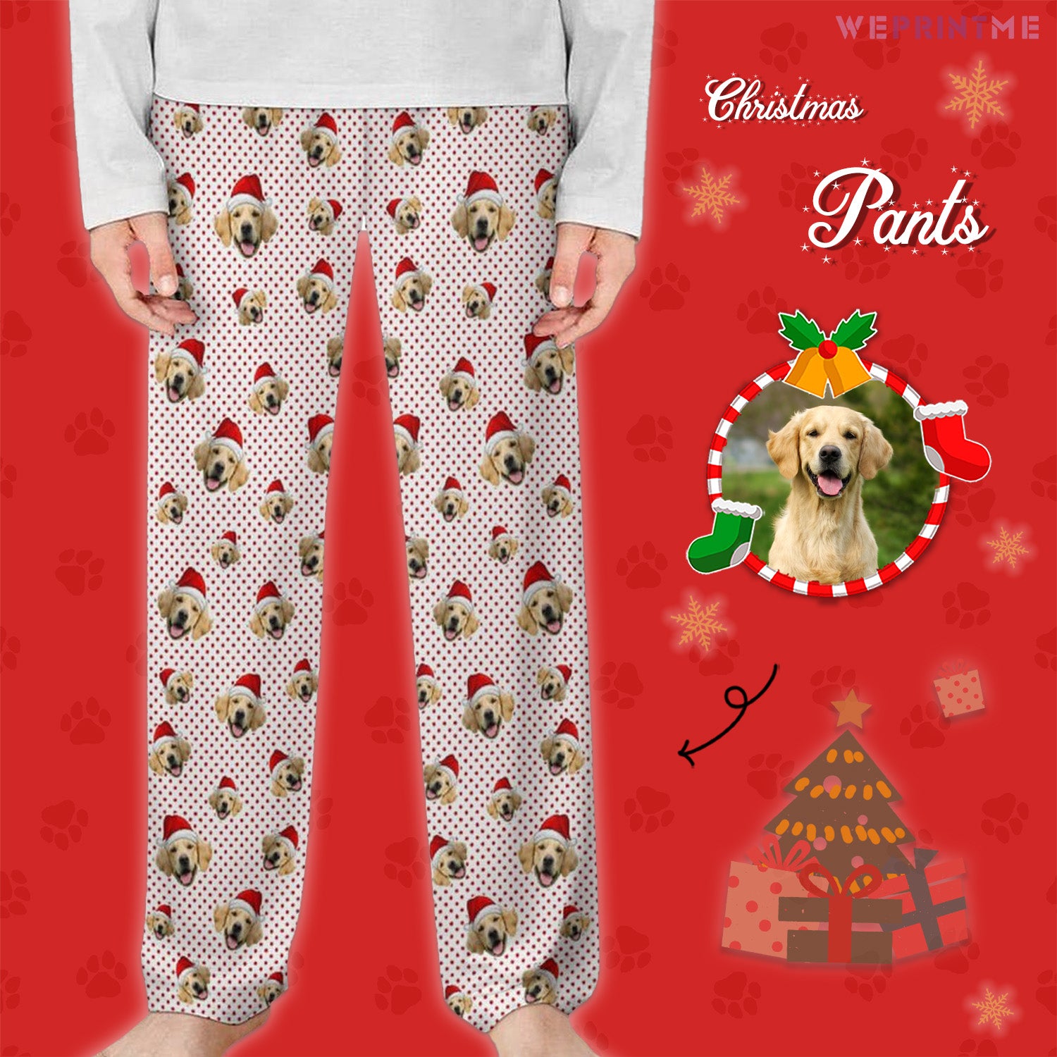 Custom Pet Face Red Dots Pajama Pants for Kids-Main-WEPRINTME