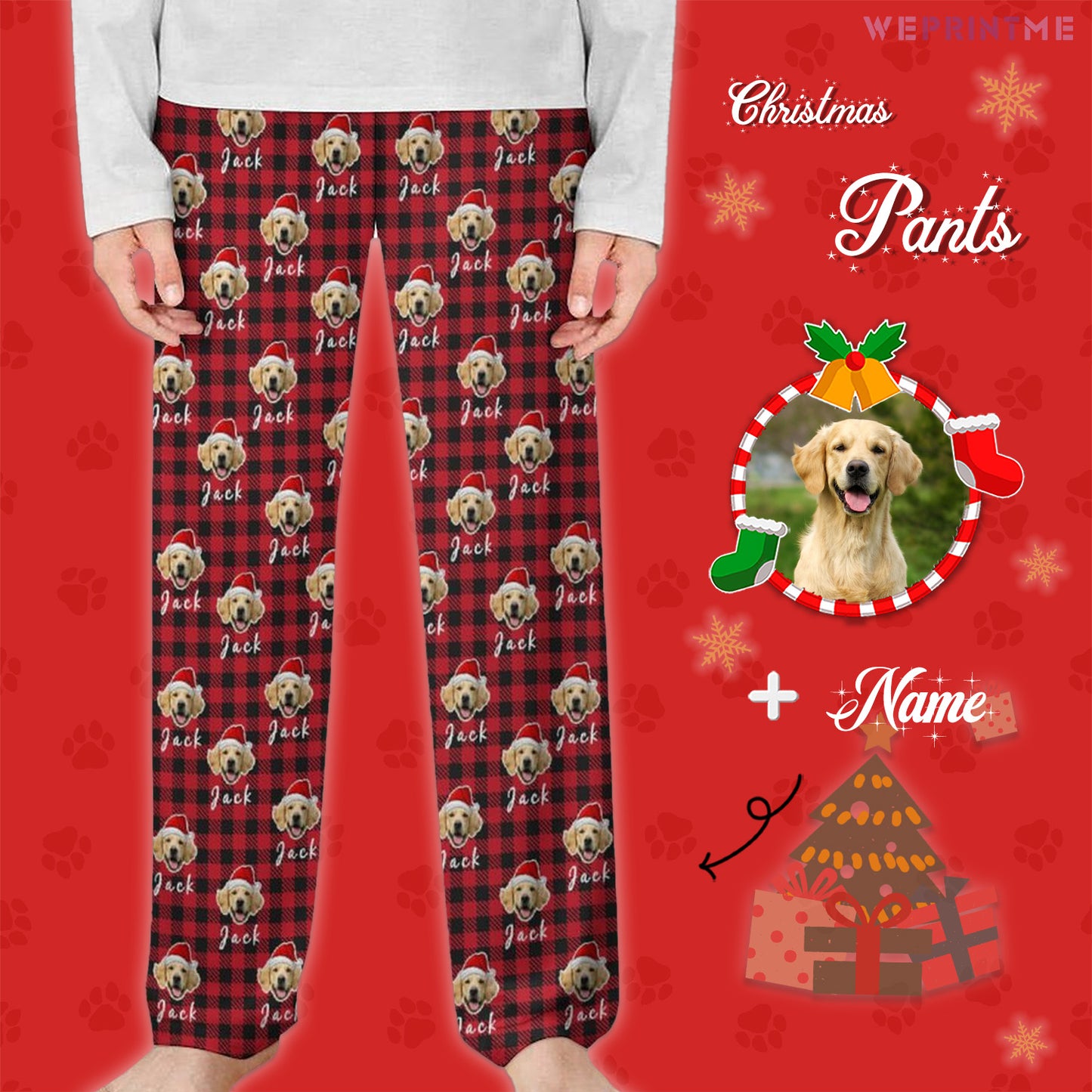 Custom Pet Face and Name Christmas Pants for Kids-Style2 M-WEPRINTME