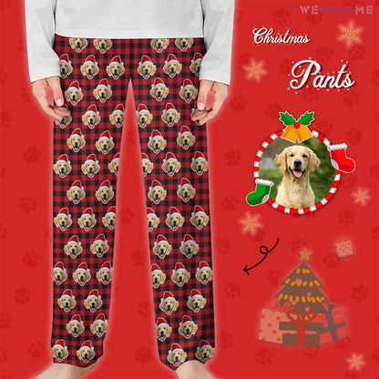 Custom Pet Face Red Plaid Santa Pants for Kids-Red Main2-WEPRINTME