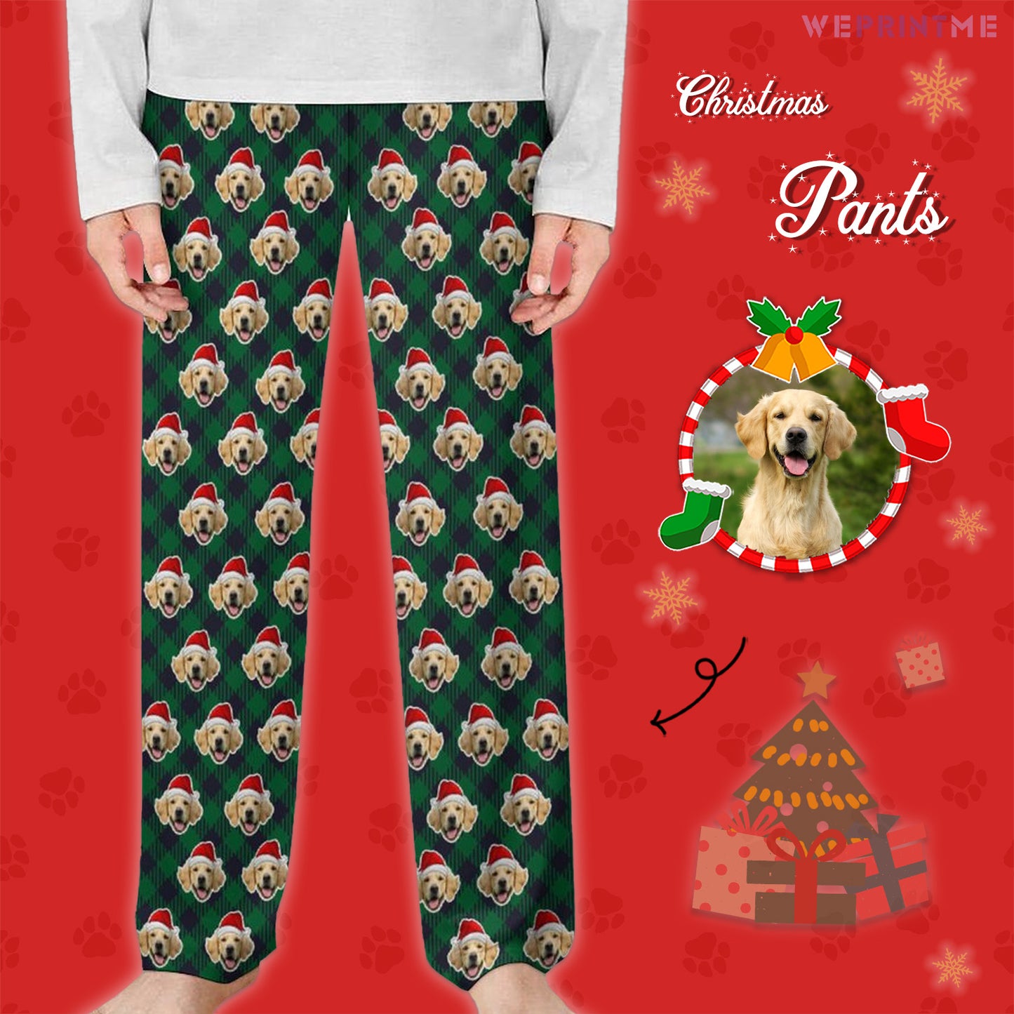 Custom Pet Face Red Plaid Santa Pants for Kids-Green Main2-WEPRINTME