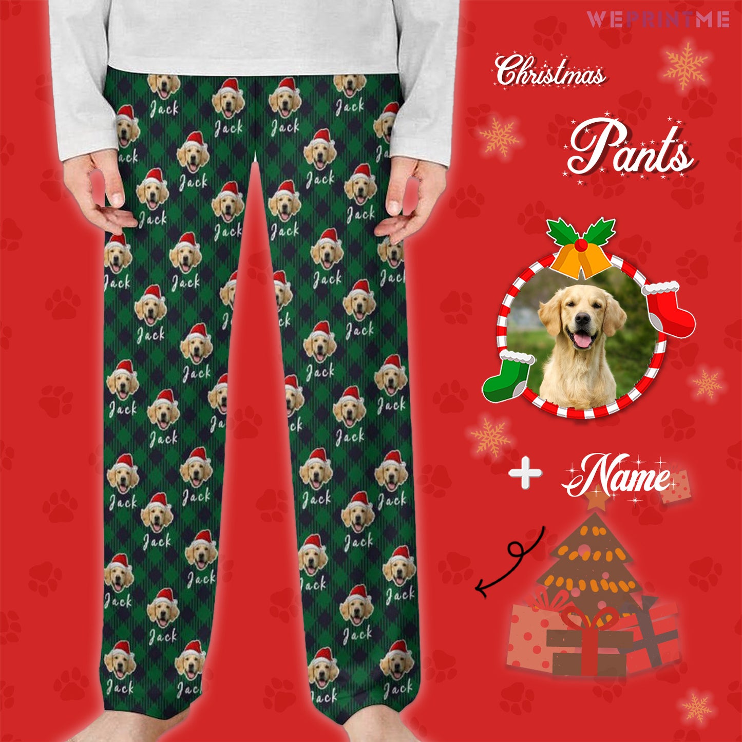 Custom Pet Face and Name Christmas Pants for Kids-Style3 M-WEPRINTME