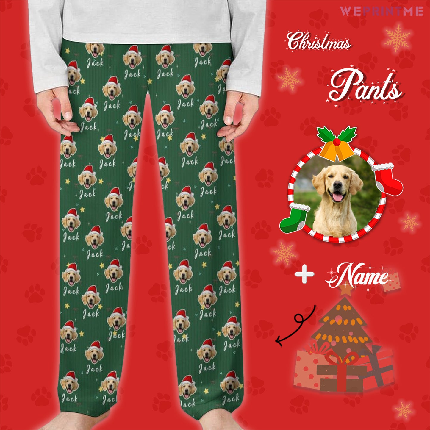 Custom Pet Face and Name Christmas Pants for Kids-Style1 M-WEPRINTME