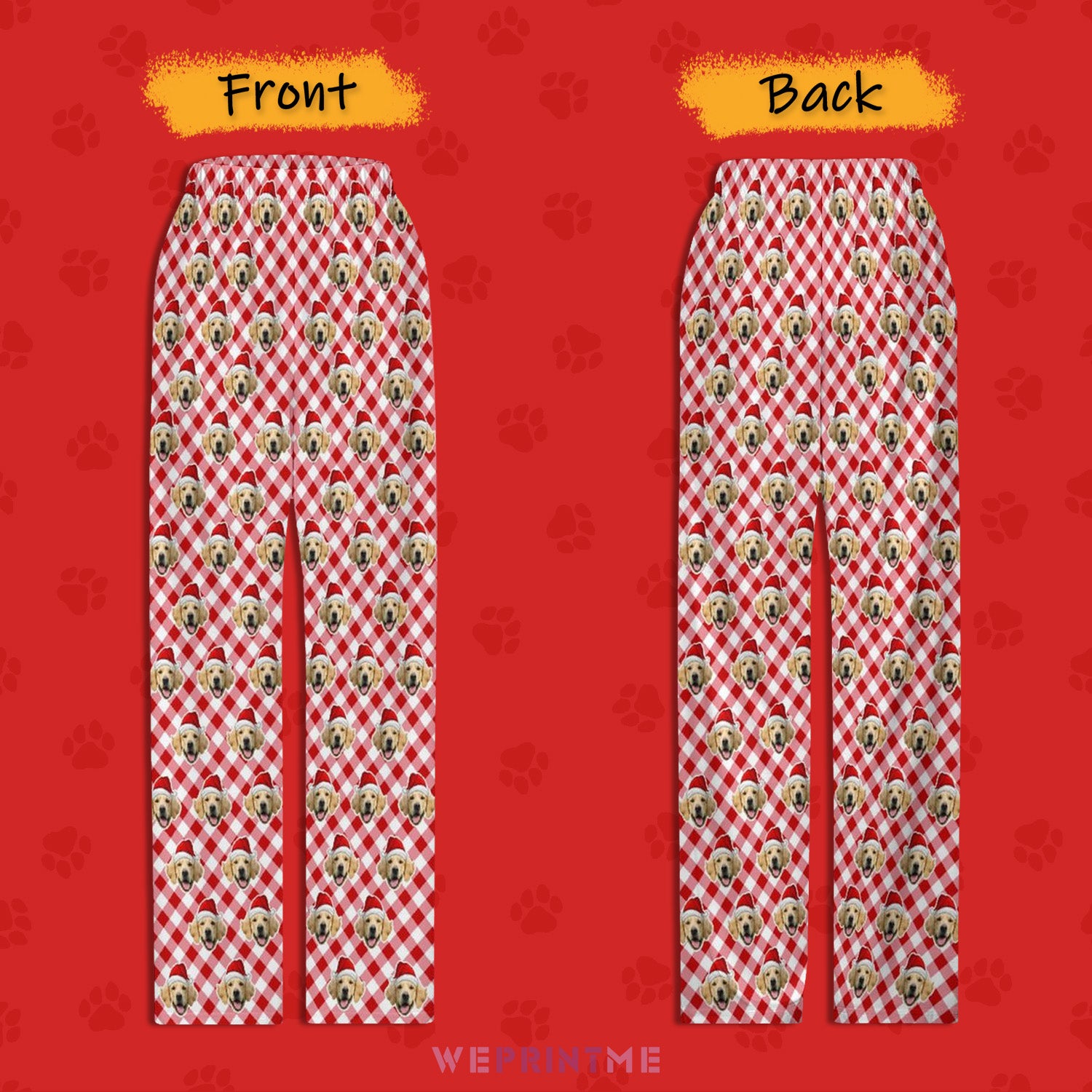 Custom Pet Face Red Plaid Xmas Pants for Kids-Front and Back2-WEPRINTME