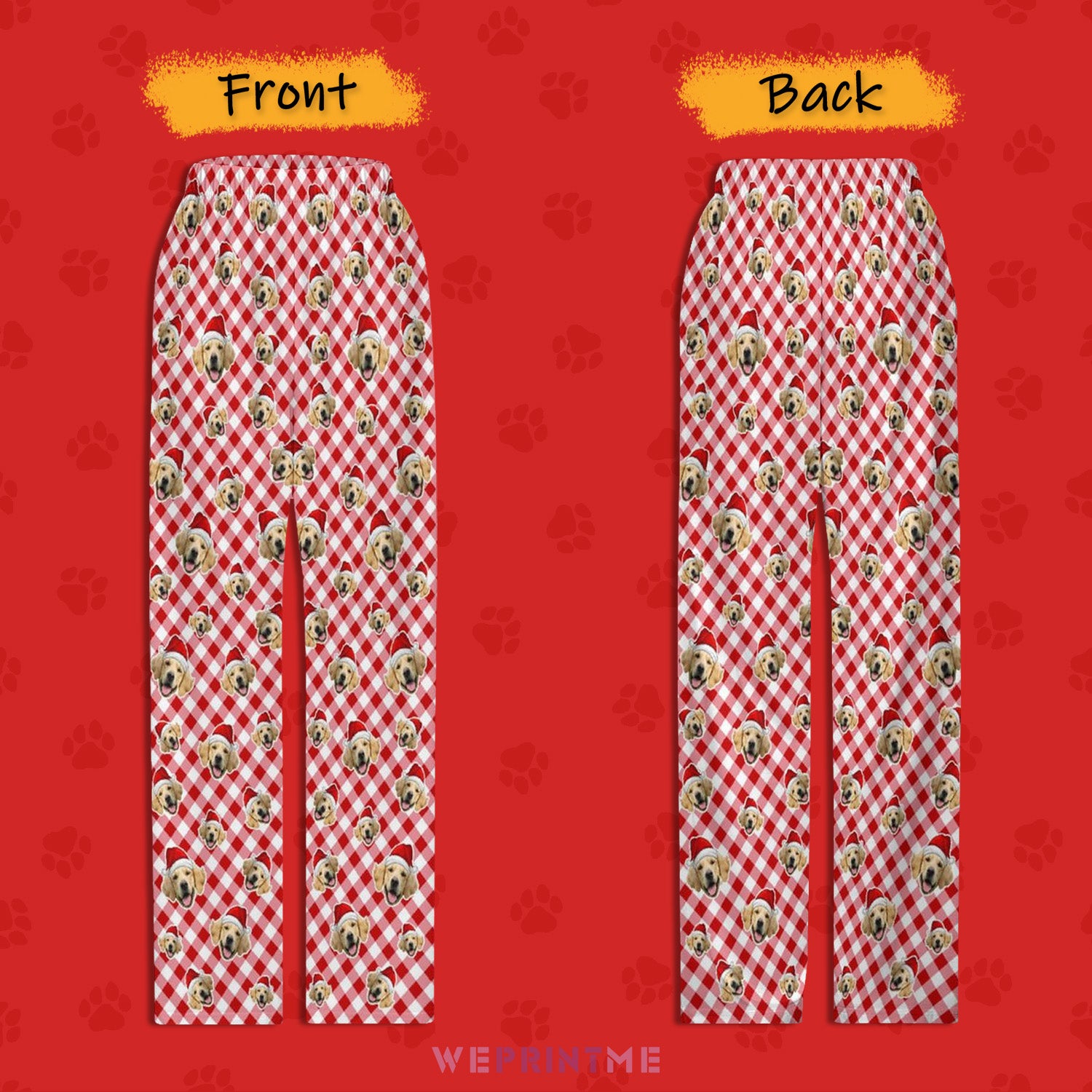 Custom Pet Face Red Plaid Xmas Pants for Kids-Front and Back1-WEPRINTME