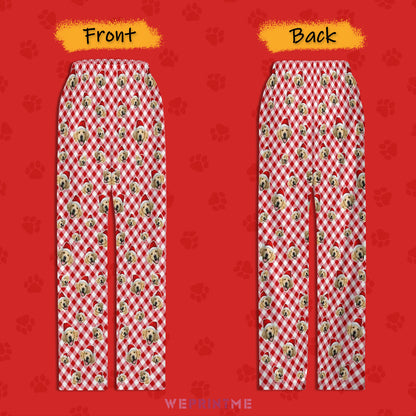 Custom Pet Face Red Plaid Xmas Pants for Kids-Front and Back1-WEPRINTME