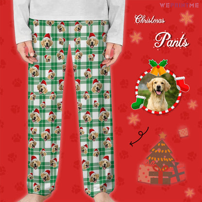 Custom Pet Face Plaid Santa Pants for Kids-Green Front2-WEPRINTME