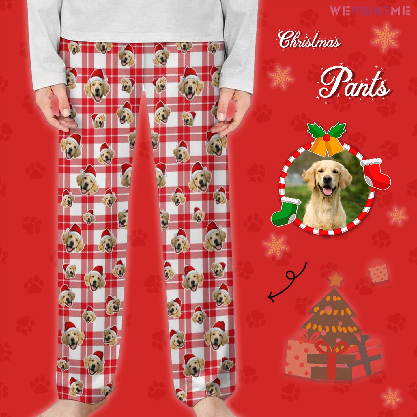 Custom Pet Face Plaid Santa Pants for Kids-Red Main2-WEPRINTME