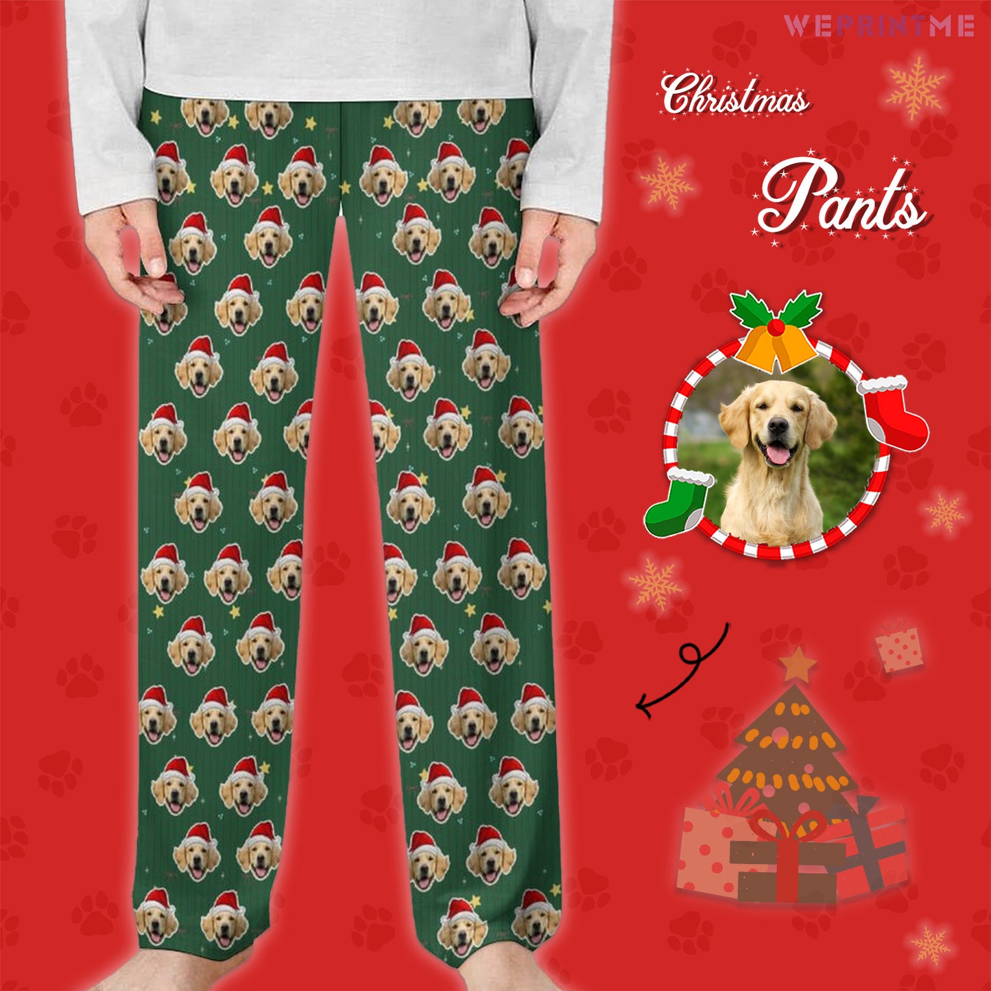 Custom Pet Face Green Stars Santa Pants for Kids-Main2-WEPRINTME