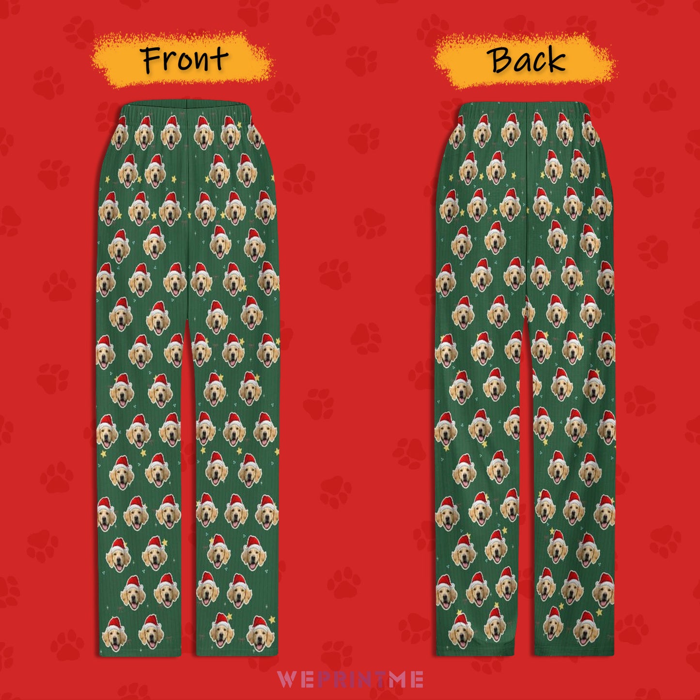 Custom Pet Face Green Stars Santa Pants for Kids-Front and Back2-WEPRINTME