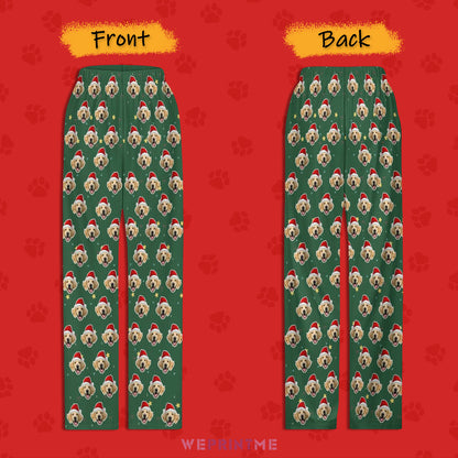 Custom Pet Face Green Stars Santa Pants for Kids-Front and Back2-WEPRINTME