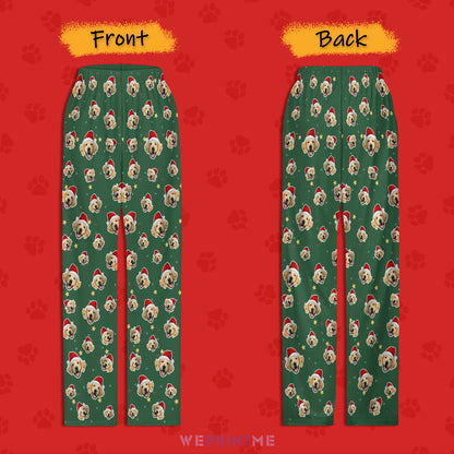 Custom Pet Face Green Stars Santa Pants for Kids-Front and Back-WEPRINTME