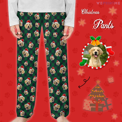 Custom Pet Face Red Plaid Santa Pants for Kids-Main1 Green-WEPRINTME