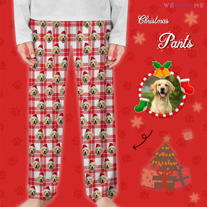 Custom Pet Face Plaid Santa Pants for Kids-Red Main1-WEPRINTME