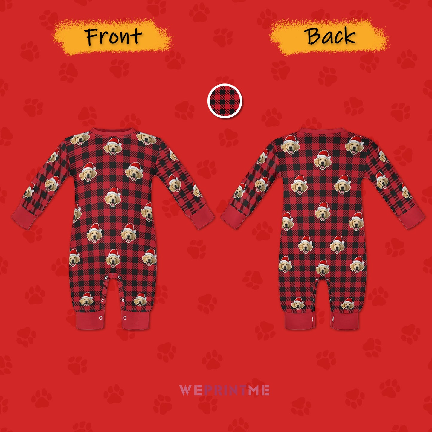 Custom Pet Face Baby Romper Santa Red Plaid Romper