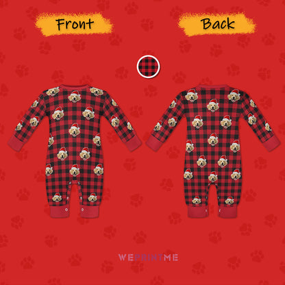 Custom Pet Face Baby Romper Santa Red Plaid Romper