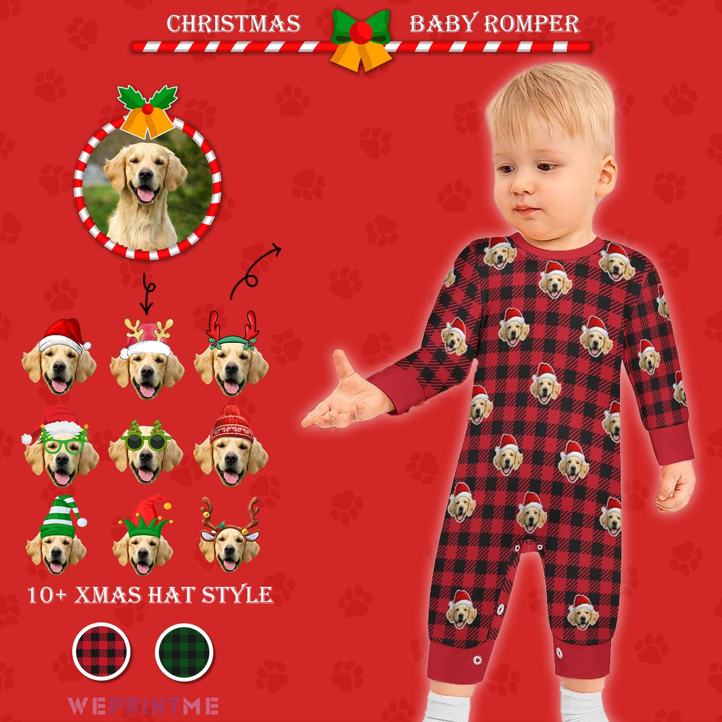 Custom Pet Face Baby Romper Santa Red Plaid Romper