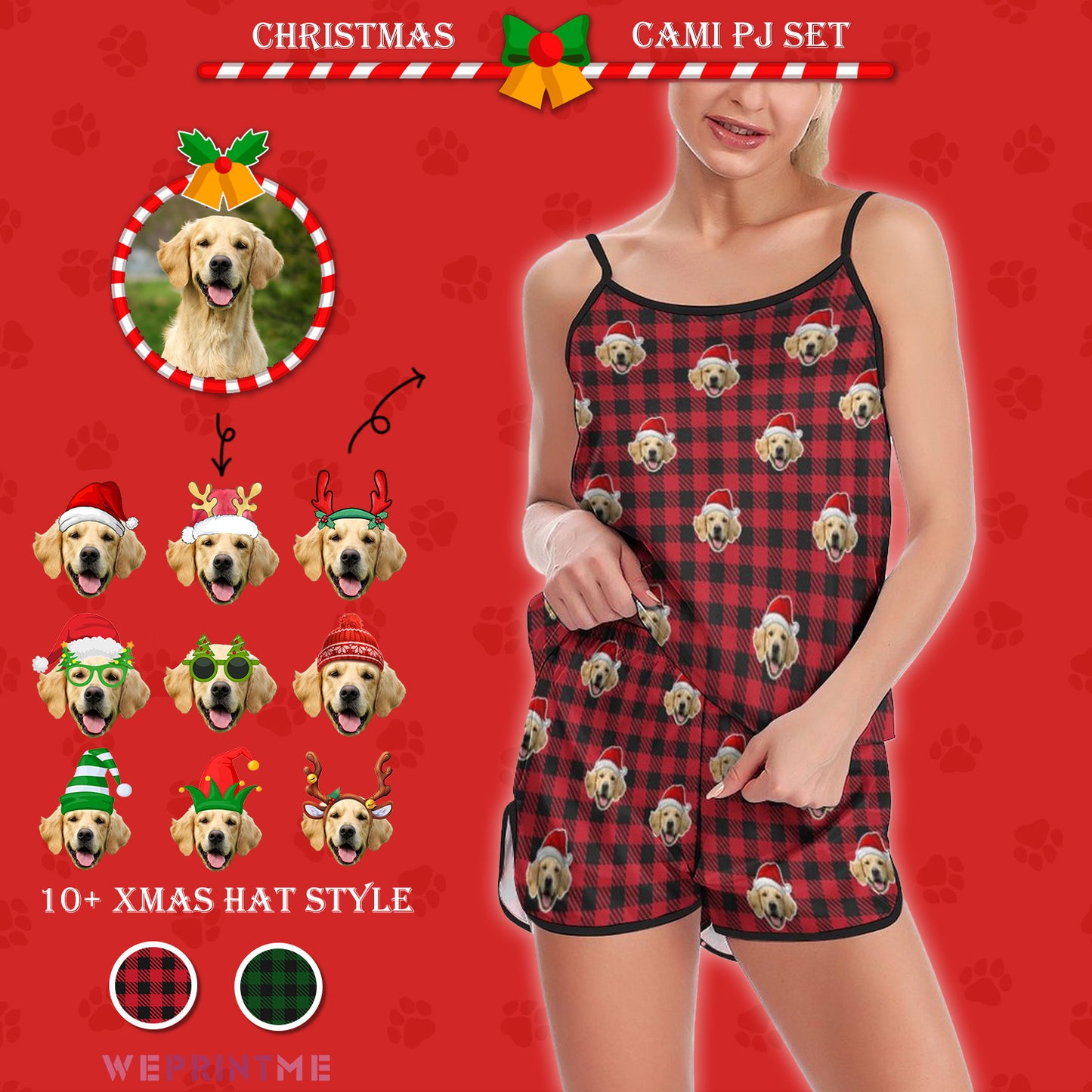 Custom Pet Face Pajama Set Santa Red Plaid Women's Cami Pajama Set