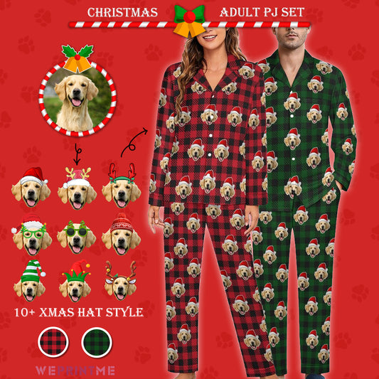 Custom Pet Face Pajamas Santa Red Plaid Couple Matching Christmas Pajamas