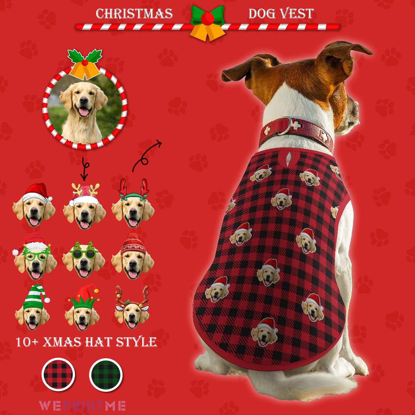 Custom Pet Face Pet Vest Santa Red Plaid Dog Vest